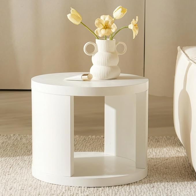 Round Nesting Coffee Table Set of 2, White Coffee Table, 31.5" Large & 18" Small Low Tables with Wood Top, Center Table for Living Room, Bedroom, Minimalist Center Table Set