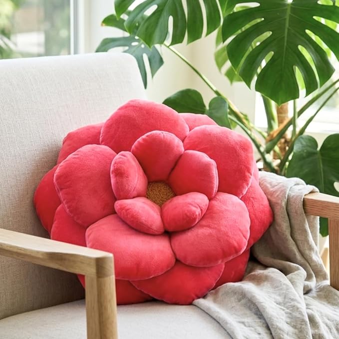 Green Philosophy Co. Camellia Plush Flower Pillow – Large Soft 3D Flower Shaped Throw Pillow, Neon Coral Decorative Pillow for Couch & Bed, for Plant Lovers