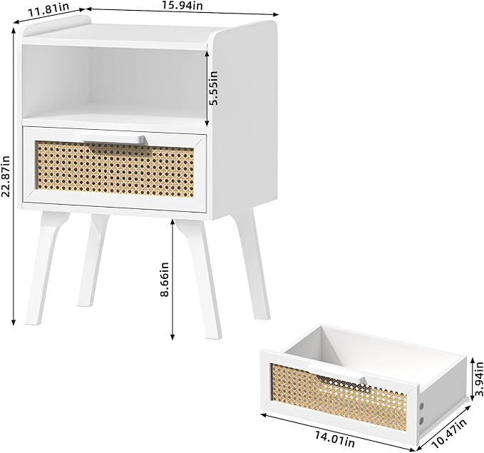 Lerliuo Rattan Nightstands Set of 2, Bedside Table with Drawer Open Shelf, Cane Accent Side End Table with Solid Wood Legs, White Mid Century Night Stand for Bedroom, Dorm and Small Spaces - Image 3