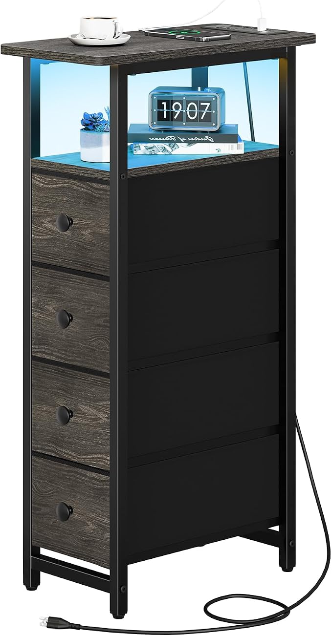 Yoobure LED Narrow Nightstand with Charging Station - Slim Dresser for Bedroom Narrow Side Table Storage Cabinet, Small Dressers Chest of Drawers, Tall Skinny Night Stand End Table for Small Spaces by Yoobure