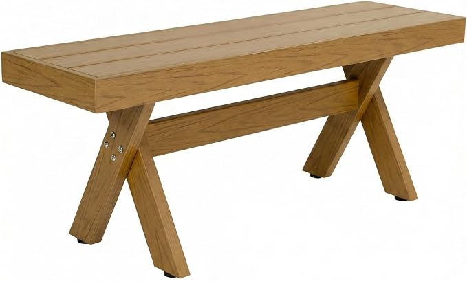 44.5" HIPS Outdoor Dining Bench, X-Shaped Modern Backless 2-Person Seating, All-Weather Patio Bench with Wood Grain Texture, Easy Assembly, Teak by Kibaso