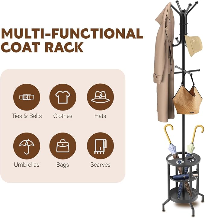 Coat Rack Freestanding, Coat Stand with Umbrella Holder, Metal Coat Tree with 12 Hooks, Coat Hanger Stand for Entryway, Coat Rack Stand for Bedroom, Living Room & Office - Image 6