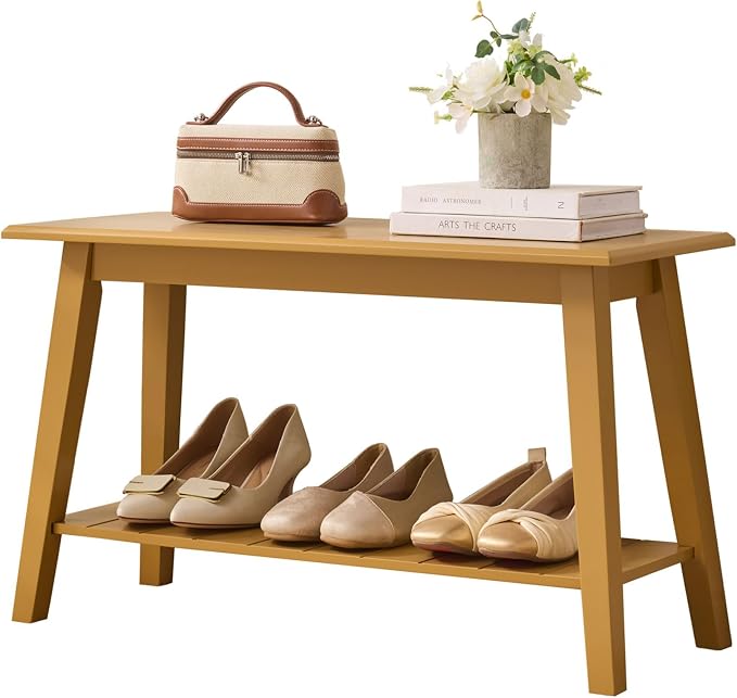 Kings Brand Furniture Delphi Wood Entryway Bench with Storage Shelf – Modern Accent Seating for Hallway, Bedroom, Living Room or Narrow Space-Saving Shoe Bench - Honey Mustard - Image 6