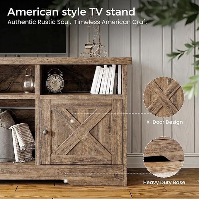 Casaottima TV Stand for 65 Inch TV, Farmhouse Entertainment Center with Power Outlet & LED Light and Storage Cabinets, Console Table and Media Furniture for Living Room Bedroom, Gray Oak - Image 6