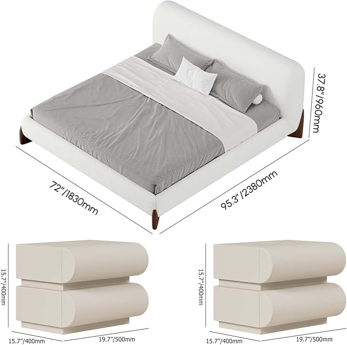 homary Queen Size Upholstered Bed with 2 Two-Drawer Nightstands – Modern Bedroom Set with Wireless Charging, USB Ports, Faux Leather & Bouclé Upholstered Bed Frame with Headboard