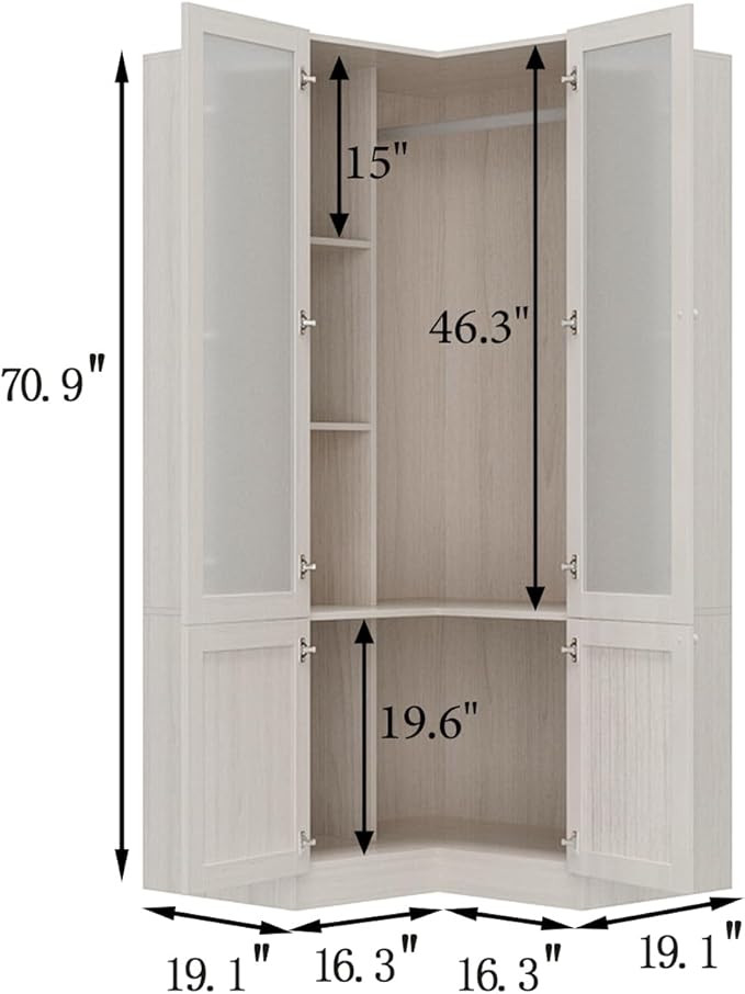 L-Shape Wardrobe Armoire Closet with Hanging Rod & Shelf, Bedroom Armoire with Frosted Glass Doors, Clothes Wardrobe with Gold Knob, Wood Grain, 35.4”D x 35.4”W x 70.9”H