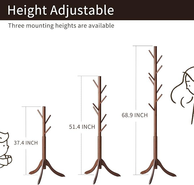 Coat Rack Freestanding, Coat Stands Entryway, Bamboo Coat Rack Hat Hanger 8 Hook for Jacket, Purse, Scarf Rack, Umbrella Tree Stand (Brown) - Image 3