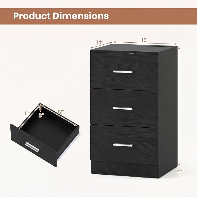 KOMFOTT 3-Drawer Nightstand, Modern Bedside Table with Power Outlet, Compact Bedside Storage End Table for Bedroom, Small Spaces (Black,1) - Image 3