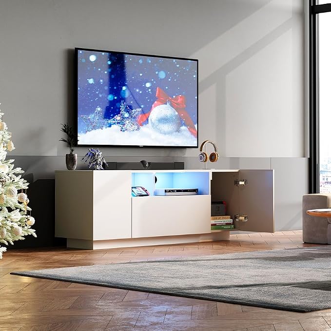 WLIVE TV Stand with LED Lights & Large Storage Cabinet, Modern Entertainment Center for 32/43/50/55 Inch TVs, Sturdy Media Console for Living Room, Bedroom, Gaming, White - Image 7