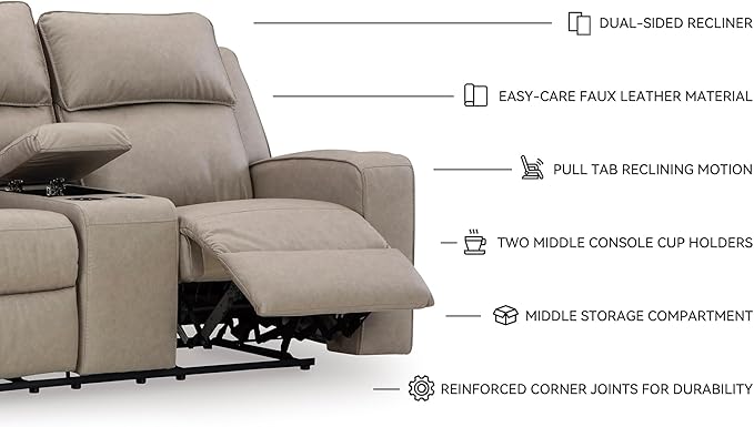 Signature Design by Ashley Lavenhorne Contemporary Faux Leather Manual Reclining Loveseat with Console and Cup Holders, Beige