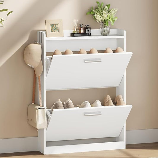 Shoe Cabinet Organizer with 2 Flip Drawers，Freestanding Shoe Rack Cabinet，Narrow Shoe Cabinet Storage for entryway，Foyer, Hallway, White, 23.6" W × 6.3" D × 33.1" H by Draelibor