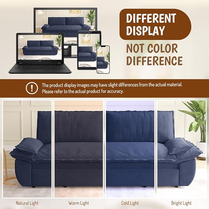 73.2" Queen Size Pull Out Sofa Bed, 3-in-1 Convertible Sleeper, Corduroy Loveseat for Living Room, Apartment, Bedroom Small Spaces, Dusty Blue (Mattress & Bedding Not Included)