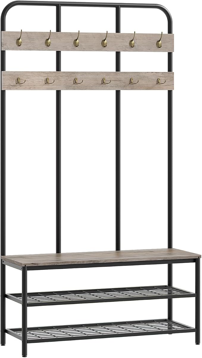HOOBRO Hall Tree with Bench, Entryway Bench with Coat Rack, Mud Room Rack with 12 Double Hooks and Shoe Storage, Coat Tree, Shoe Organizer, for Foyer, Front Door, Greige and Black BG05MT01 by HOOBRO