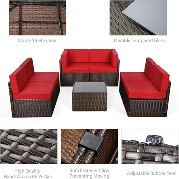 U-MAX 7 Piece Outdoor Patio Furniture Set with Extra 43 Inch Fire Pit Table, PE Rattan Wicker Sofa Set, Outdoor Sectional Furniture Chair Set with Cushions and Tea Table, Brown Rattan&Red Cushion