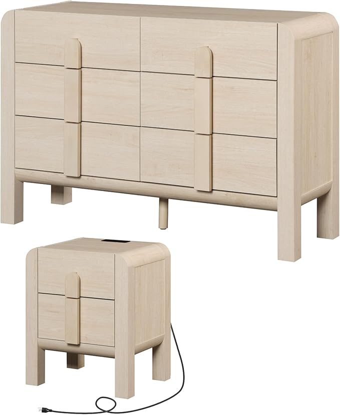 WAMPAT Dresser and Nightstand Sets, 47.2" W Mid Century Modern Chest of Drawers, Wood 6 Drawer Dresser & Nightstand with Charging Station, Curved Profile Design, Beige