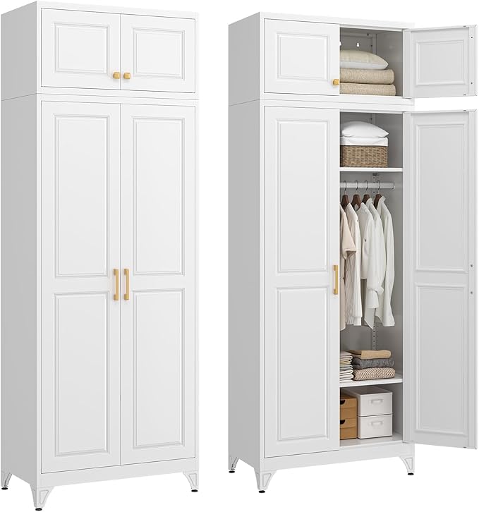 SteeLoong 86" Metal Armoire Wardrobe Closet with Doors,White Tall Clothing Storage Cabinet with Adjustable Shelves and Hanging Rod,Wardrobe Closet for Bedroom,Home,Office,Gym