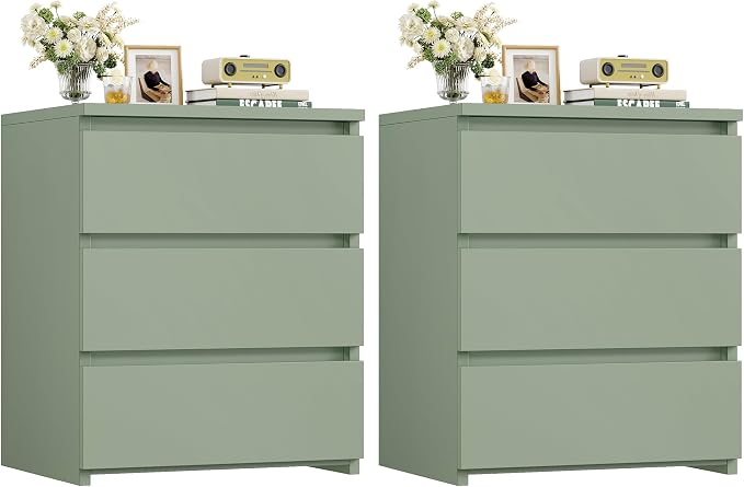 FOTOSOK Nightstand Set of 2 White Nightstand with 3 Drawers, White Bedside Table Night Stand for Bedroom with Cut-Out Handle, Sofa Side Table for Bedroom, Green by FOTOSOK