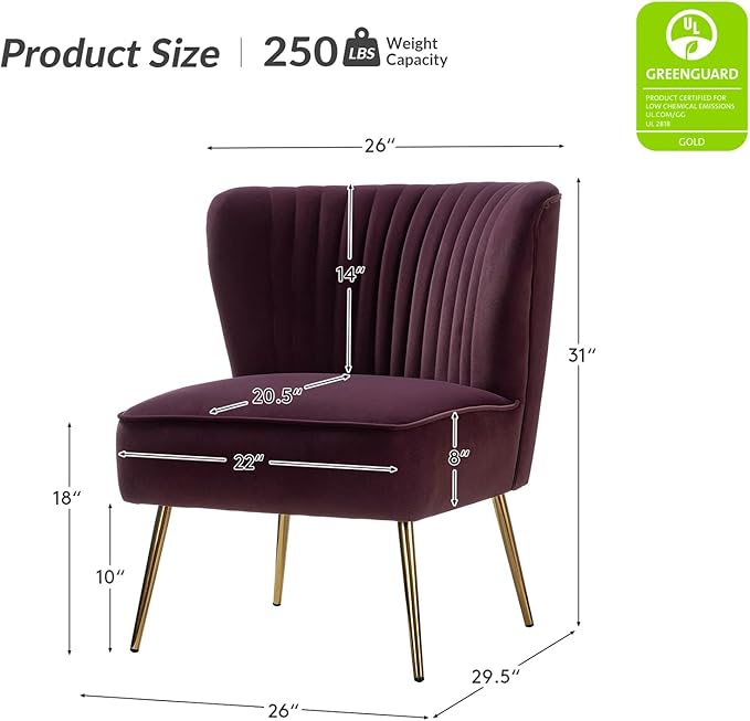 HULALA Home Velvet Accent Chair Set of 2, Modern Armless Upholstered Side Chair with Glam Gold Metal Legs for Vanity Living Room Bedroom - Purple