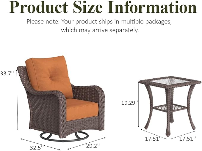 LayinSun 3 Piece Wicker Outdoor Furniture Set with 6-inch Comfy Cushions, High Back Patio Furniture Set with Swivel Rocking Chairs and Side Table