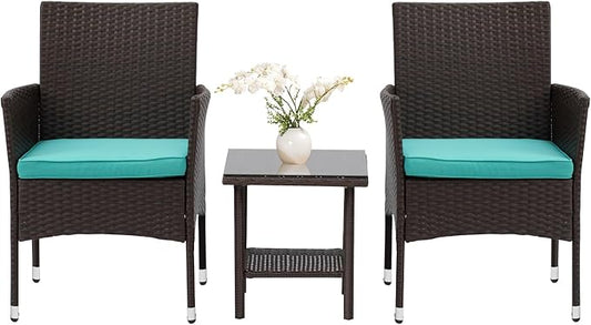 PayLessHere Set of 3 Outdoor Furniture Set Patio Furniture Set Brown Conversation Set with 2 Rattan Chairs Glass Coffee Table for Coffee Bar Poolside Patio Outdoor, Blue Cushions