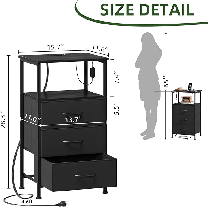 Somdot Nightstands Set of 2,Bedside Tables with Charging Station and LED Lights,Night Stand with 3 Fabric Drawers, End Tables with Open Shelf for Small Spaces Bedroom Entryway Hallway, Black - Image 3