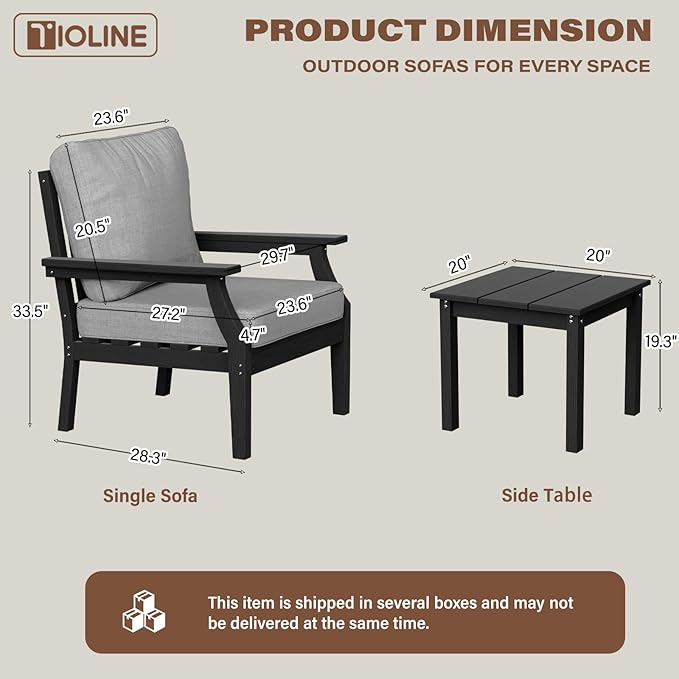 HDPE Patio Conversation Set, 3-Piece All Weather Outdoor Furniture Set with 2 Single Sofas for Deck, Lawn, with Cushion, Black