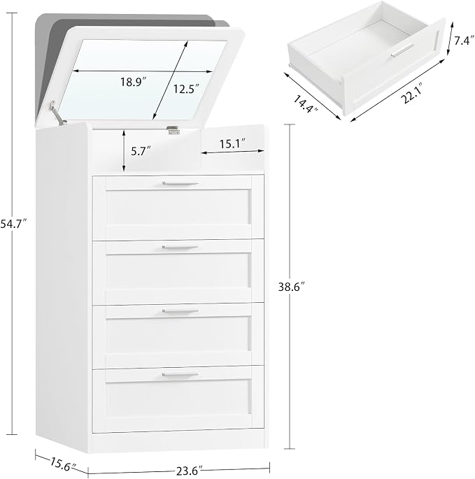 TEENFON Dresser for Bedroom, Tall White Dresser with 4 Drawers, Dressers with Mirror, Chest of Drawers for Bedroom, Living Room, Closet, Hallway, White - Image 2