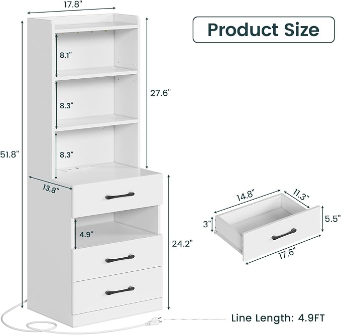 AOGLLATI Tall Nightstand Set of 2 with Charging Station and LED Lights, Night Stand with 3 Drawers and Bookshelf, White Modern Bedside Table with Storage Shelves for Bedroom - Image 3