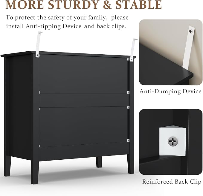 RoyalCraft Large 3 Drawer Dresser Set of 2, Fluted Chest of Drawers with Storage, Modern Painted 30 inch Tall Nightstand for Bedroom Living Room Entryway, Black - Image 6