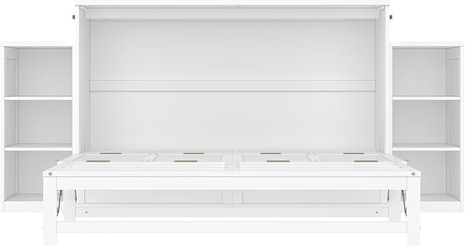 Bellemave Queen Size Murphy Bed, Cabinet Bed with 2 Shelves and Storage Drawers, Farmhouse Murphy Cabinet, Noisy Free, for Guest Bedroom, Living Room, Office, White