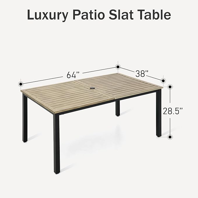 PHI VILLA 64" Rectangle Outdoor Dining Table, Patio Furniture Wood-Like Tabletop with Umbrella Hole for Patio Lawn Backyard Garden, Brown - Image 3