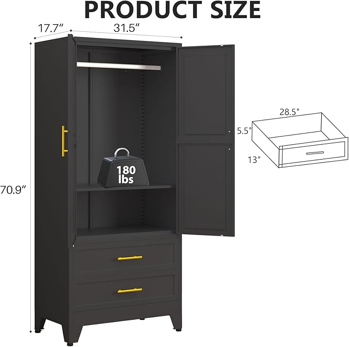 Metal Armoire Wardrobe Closet Storage Cabinet with 2 Doors Black, 71'' Wardrobe Cabinet with Hanging Rod Metal Closet with Adjustable Shelf and 2 Drawers for Bedroom, Laundry Room, Cloak Room