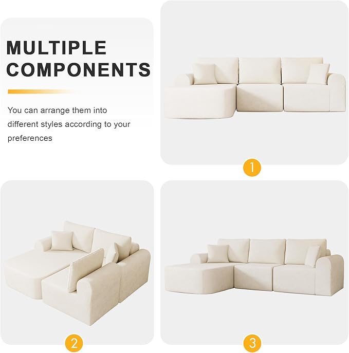 104" Modular Sectional Sofa with L-Shape Chaise, Sherpa Modern Upholstered Cloud Couches for Living Room Bedroom, No Assembly Required, White