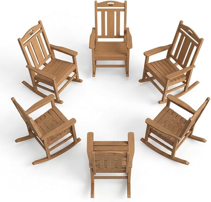 Ciokea Oversized Outdoor Rocking Chairs Set of 6, 380lbs Heavy-Duty Large Patio Rocker, High Back Cozy Porch Chairs, Weather Resistant Patio Rocking Chairs for Outside, Fire Pit, Deck, Teak by CIOKEA