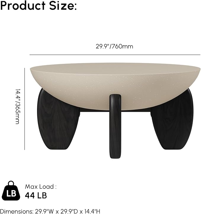 homary Round Concrete Coffee Table with Premium Walnut Ash Wood Legs, Modern Minimalist Cement Finish Center Table for Living Room (Black, 29.9" W x 29.9" D x 14.4" H)