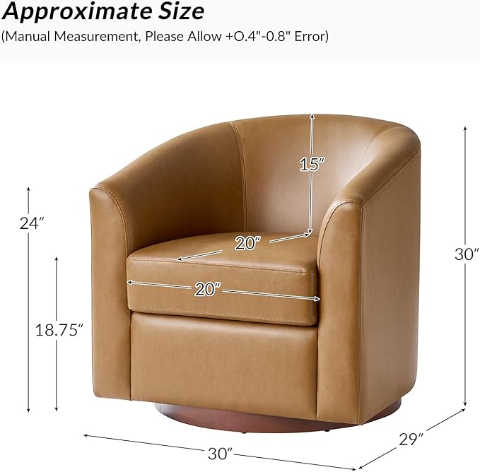 HULALA HOME Faux Leather Swivel Accent Chair with Solid Wood Base, Round Swivel Barrel Chair for Living Room and Bedroom, Camel