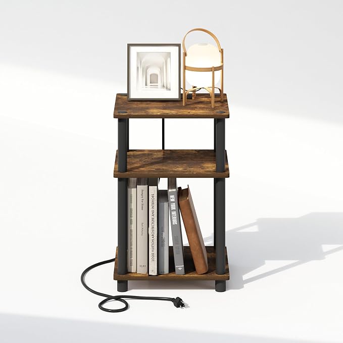 Furinno JUST Night Stand, 3-Tier Turn-N-Tube Nightstand with Charging Station, Bedside Table, End Table, Side Table with USB and Type-C Charging Port, for Bedroom, Closet, Dorm, Amber Pine - Image 6