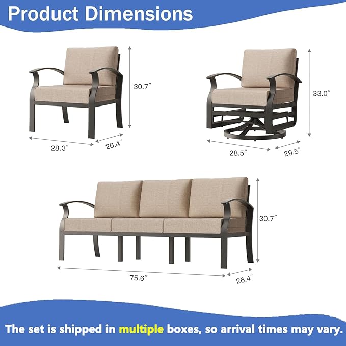 Aluminum Outdoor Patio Furniture Set,7 Seats Patio Conversation Sets with Rectangular Coffee Table,Metal Patio Sectional Furniture Set with 2 Swivel Rocking Chairs,Sand