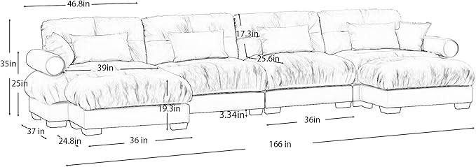 KEIKI 166" U-Shaped Oversized Velvet Modular Sectional Sofa with 2 Ottoman, High-Density Foam Cushions and Bolstered Armrests, Upholstered 4-Seater Cloud Couch with 6 Pillow, for Living Room, Blue