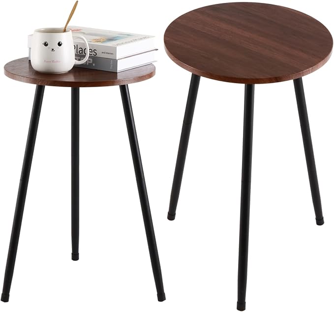 Metal Outdoor Side Tables Set of Two Small Outside Round End Table for Patio Modern Accent Garden Corner Table for Small Spaces, Balcony, Porch, Weather-Resistant Plant Stand Indoor, Woodgrain by PartyZealot