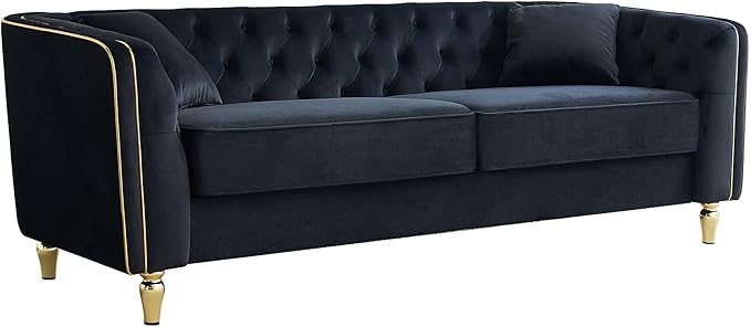 KEIKI 87" Chesterfield Velvet Button Tufted Sofa with High Density Foam Cushions, Modern Style 3-Seater Couch with Gold Strip Trim Decoration, Easy Assembly, for Apartment, Living Room, Office, Black