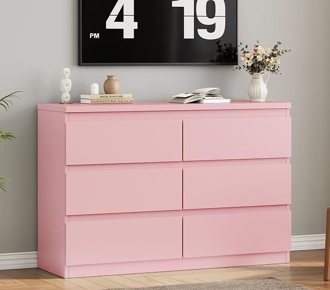 Jocoevol Modern Pink 6 Drawer Dresser - Simply Chest of Drawers for Bedroom, Closet, Living Room, Hallway, Entryway, Wood Storage Double Dresser with Smooth Metal Rails - Pink by JOCOEVOL