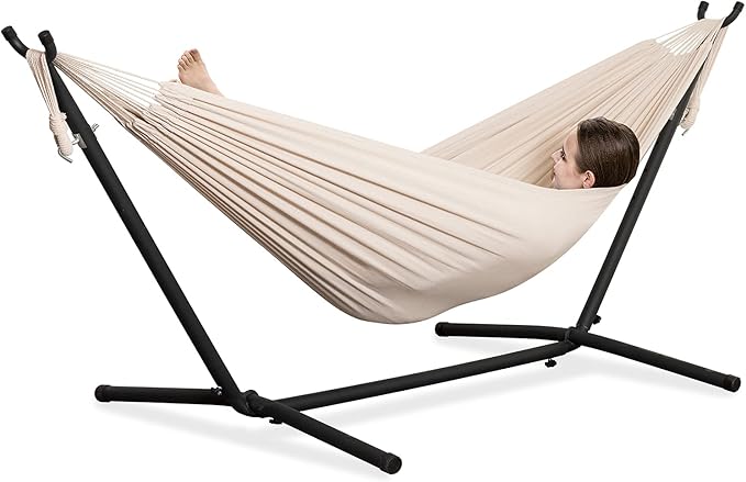 PNAEUT Double Hammocks with Stand for Outside, Portable Space Saving Heavy-Duty Steel Stand for Indoor Outdoor Patio with Carrying Bag, 450 lbs Capacity (Beige) by PNAEUT