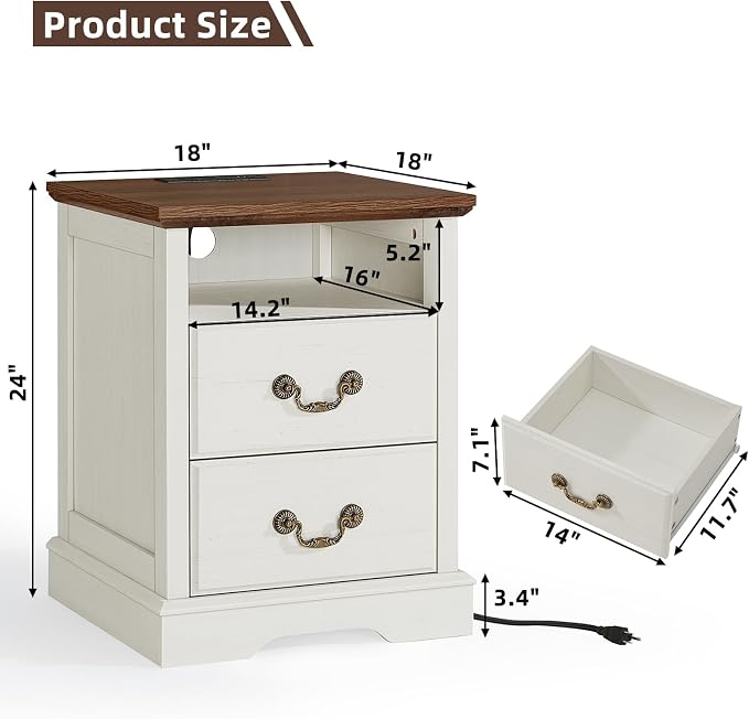 Farmhouse Nightstand with Charging Station, 2 Drawers Night Stand with Storage Shelf, Rustic White 18" Wide Wood Bedside Table, Bed Side End Tables for Bedroom, Living Room - Image 2