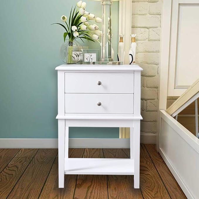 conifferism White Nightstand 2 Drawers and Storage Shelf, 28 Inch High Bedroom Night Stand, Contemporary Modern Bed Side Table, Living Room Country Cottage 19 Inch Wide End Table Metal Sliders - Image 3