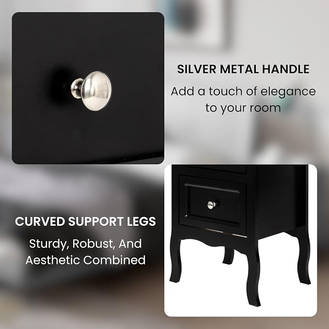 Karl home Black Nightstand Set of 2 for Bedroom, Vintage Small Night Stand with Drawers, Farmhouse Side Table, Wooden End Tables with Curved Legs for Office, Mid-Century - Image 6