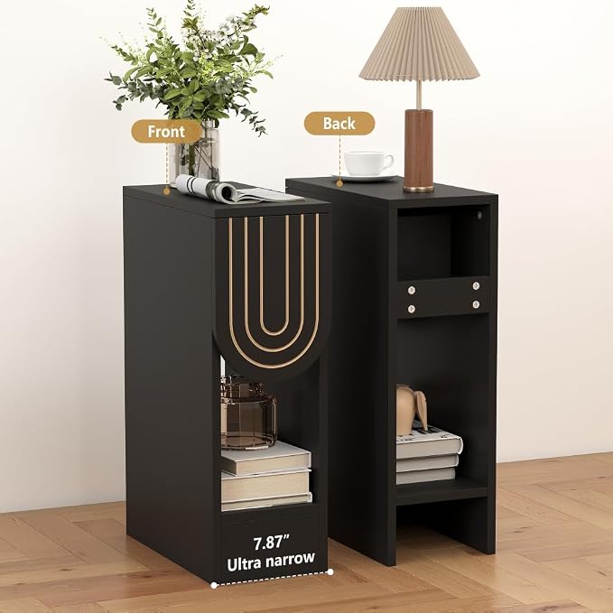 weselon Narrow Nightstand, Slim Bedside Table with Carving Lines Drawer, Mid-Century Modern Small Side End Table for Bedroom Small Space, Wooden Night Stand (1, Black) - Image 7