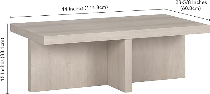 Henn&Hart 44" Rectangular Wood Pedestal Low-Profile Coffee Table for Living Room, Family Room, or Office, Beech White