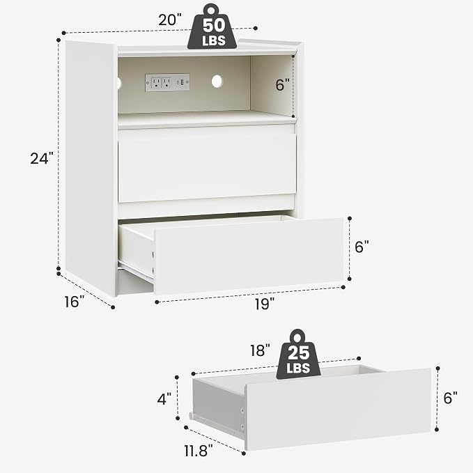24" Tall Nightstand with Charging Station Including USB-C, Modern Bedside Table and Sofa End Table - White, 2 Drawers, 1-Pack - Image 2