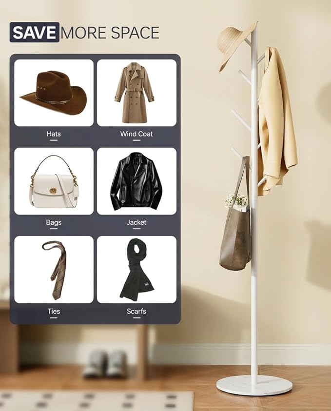 Coat Rack with 8 Hooks, 3 Adjustable Heights, Modern Hall Tree, Sturdy Metal Clothes Stand with Sintered Stone Base for Entryway, Office, Bedroom, for Coats, Hats, Handbags and Scarves, White - Image 6